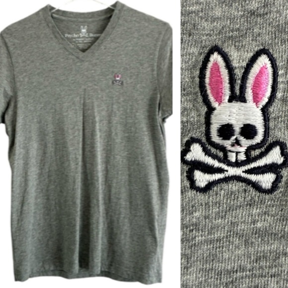 Psycho Bunny V-Neck Short Sleeve Gray T-Shirt - Picture 1 of 8